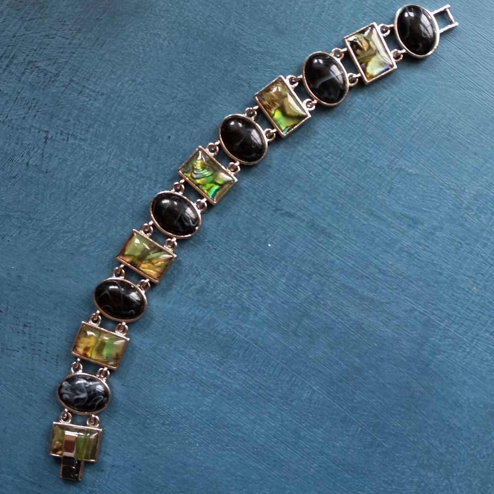 Lia Sophia signed Silver tone black green marbled Cabochon Link Bracelet 7.25"